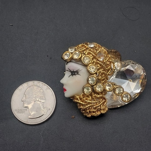 Rhinestone Egyptian Lady Head Brooch Handcrafted Artisan Linda Rosshirt - Picture 6 of 9
